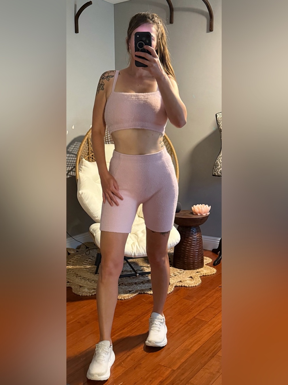 Gymshark Whitney Simmons Soft Plush Pink High-Waist Women’s top and shorts